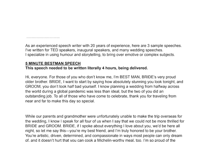 write you wedding speech or other speech writing task